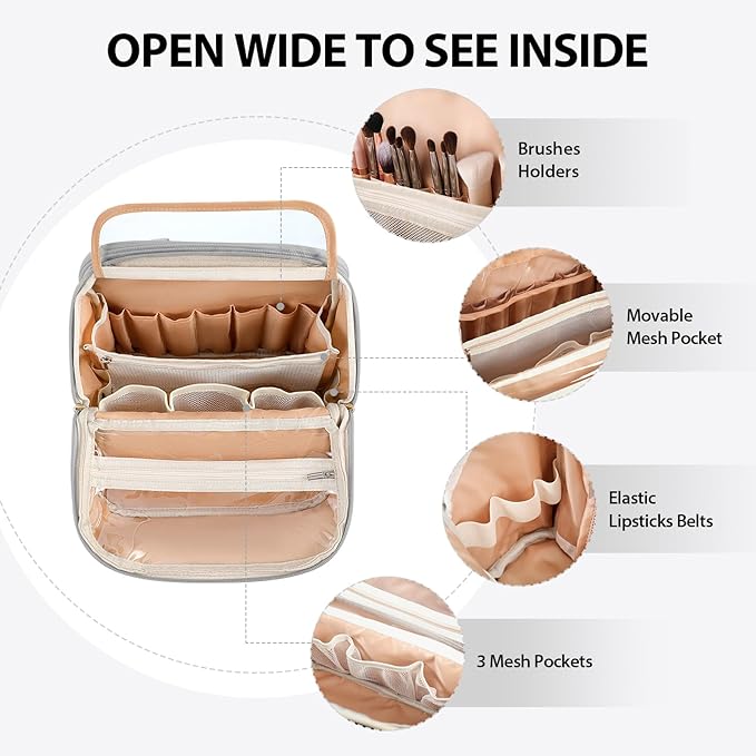 Makeup Bag, Stand up Large Capacity with Room for Brushes and Mirror, Travel Makeup Organizer, Portable Standing Make Up Case, Waterproof Cosmetic Toiletry Bags with Handle, Color Grey