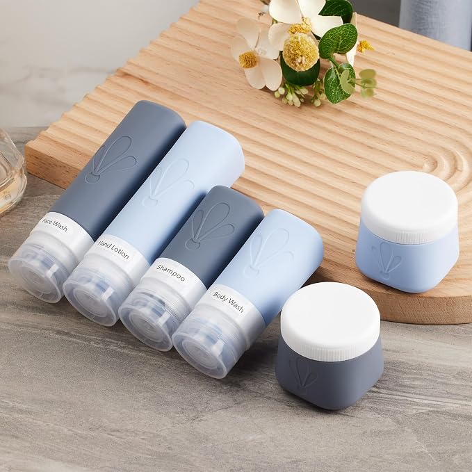INSFIT travel bottles for toiletries 6 Pack, Leak proof Travel Size Toiletries Containers with toiletry bag, Squeezable Silicone Bottles & Cream Jars, Travel Essentials BPA-Free set for Shampoo