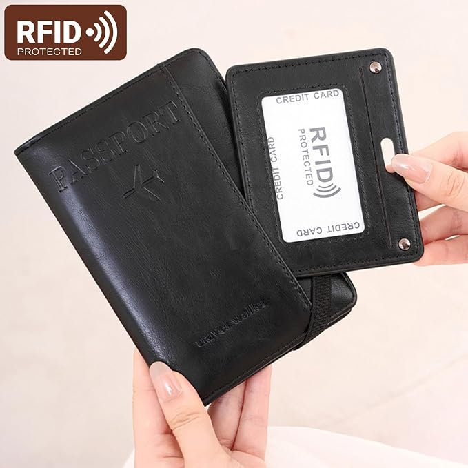 Passport Holder for Travel ，with 2 Luggage Tags,RFID blocking Passport Cover Wallet for Women Men, Waterproof PU Leather passport Book Card Holder Case Organizer Travel Essentials (Black)