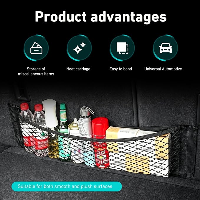 2 PCS Mesh Cargo Nets, 9.8" x 31.5" Double-Layer Elastic Trunk Storage Net, Mesh Organizer Netting with Adhesive Tape, Universal for SUV, Truck, RV, Van (Black)