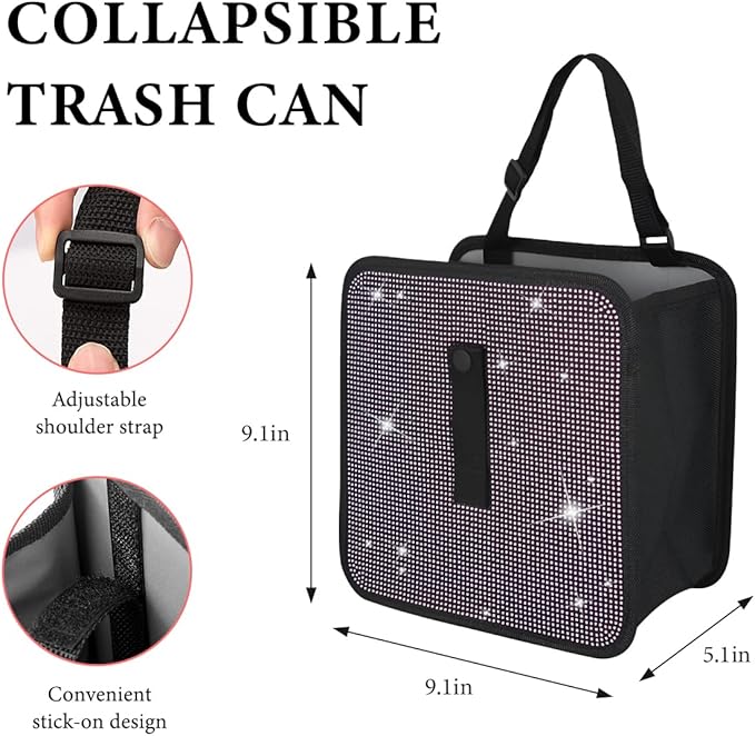 Car Foldable Trash Can, Bling Rhinestone Oxford Garbage Container Hanging Waterproof Organizer, Mini Crystal Dustbin Waste Basket Leakproof Trash Bin for Car Office Kitchen (Light Pink)