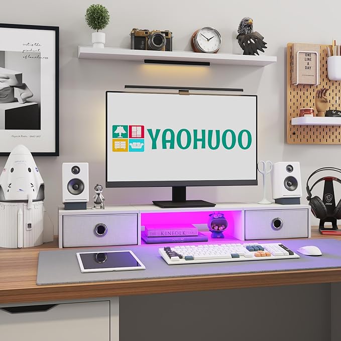 YAOHUOO Dual Monitor Stand with LED Light 2 Drawers, Computer Monitor Riser for 2 Monitors, Large Desktop Organzier with Storage for PC/Laptop/Computer/TV Screen/Printer