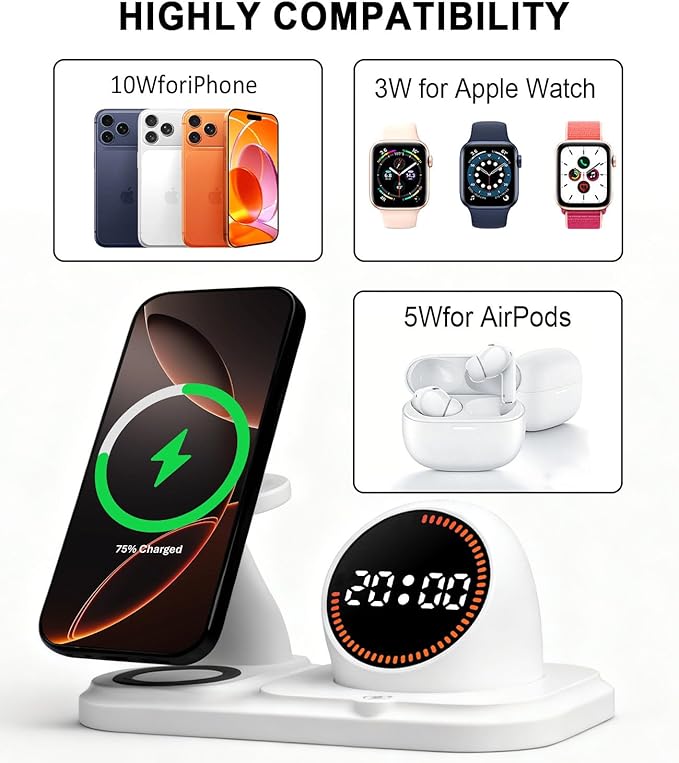 Wireless Charging Station with Clock,6-in-1 Charging Stand for Multiple Devices for iPhone 17 16 15 14 13 12 Pro Max, Apple Watch, Airpods, Bluetooth Speaker + RGB Light