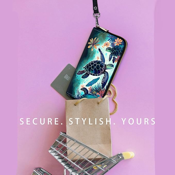 Zip Around Wallets for Women with Detachable Wrist Strap, Large Capacity RFID Blocking Leather Purse Organizer Card Holder Wristlet,Sea Turtles