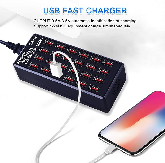 24-Port 100 watt (20 A) USB Charging Station, Home Desktop Fast Charger, Multiple Chargers, Suitable for Hotels, Shops, Schools, Shopping malls and Travel