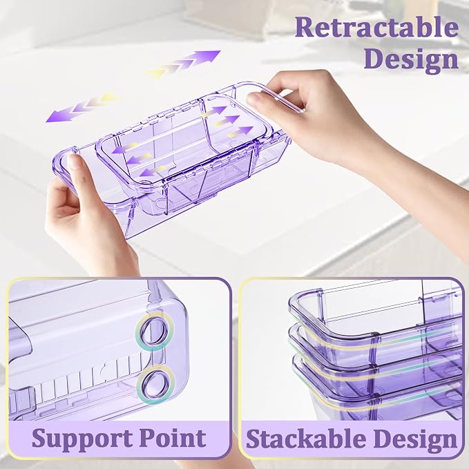 20 Pcs Adjustable Clear Drawer Organizer, Extendable Vanity Storage Bins, Desk Drawer Organizer Set for Makeup, Cosmetics, Bedroom, and Gadgets, Purple