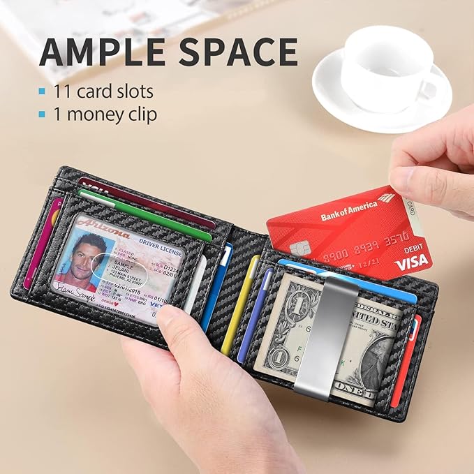 RUNBOX Slim Money Clip Wallets for Men RFID Blocking 11 Card Holder Minimalist Small Leather Bifold Men's Front Pocket Wallet Gift Box