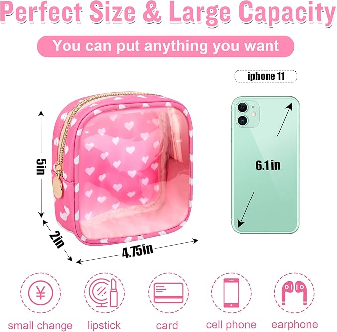 Mini Clear Travel Makeup Organizer Bag for Purse, Samll Cute Preppy Pink Makeup Bag Cosmetic Zipper Pouch Purse, Transparent PVC & Nylon Waterproof Toiletry Storage Clutch for Women Girls(Pink Heart)