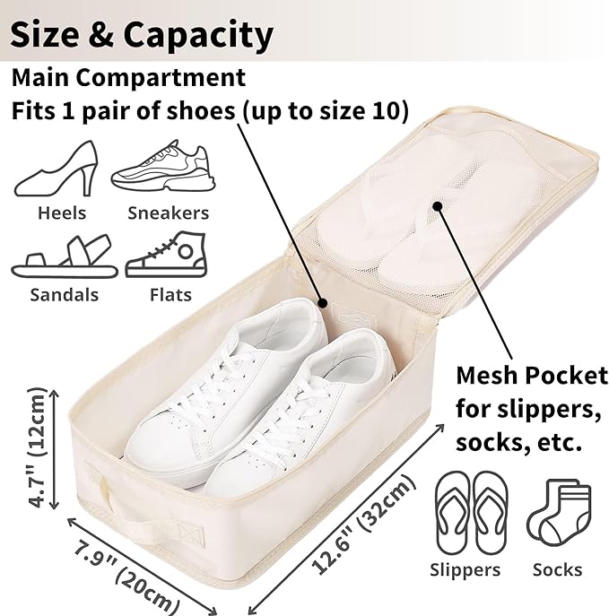 tianzong Travel Shoe Bag with Handle Holds 2 Pairs of Shoes, Shoe Packing Cubes for Travel (Beige, 2 Pack)