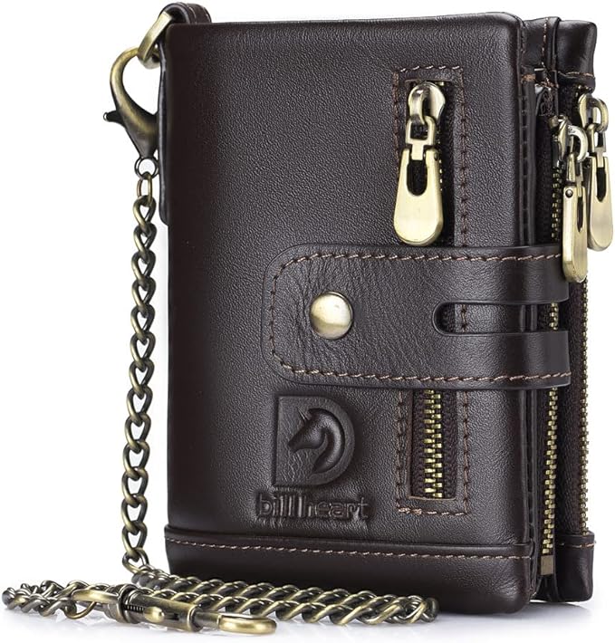Mens Wallet with Chain Genuine Leather Purse RFID Blocking Bifold Double Zipper Coin Pocket with Anti-Theft Chain…
