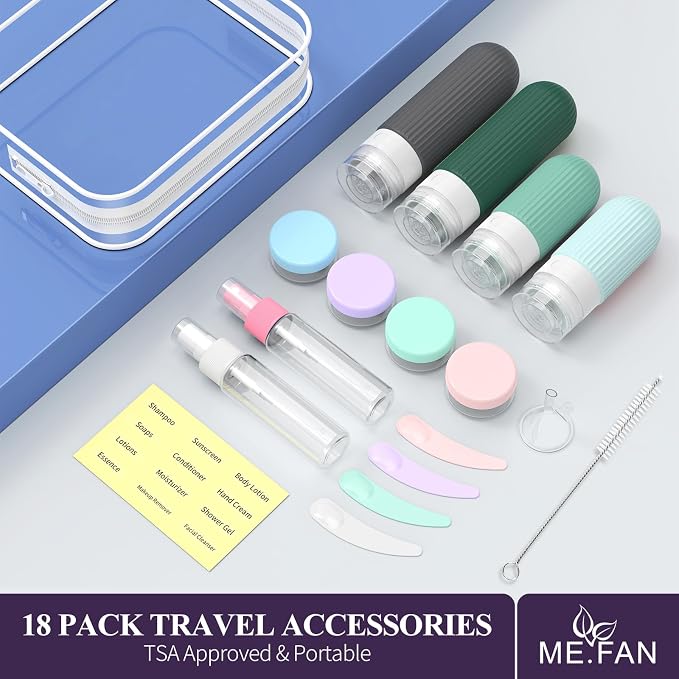 ME.FAN Travel Bottles for Toiletries,18 Pack Silicone Portable Size Bottle, TSA Approved Refillable Cosmetic Container Kits for Conditioner, Shampoo, Lotion,Face Cream - Blue