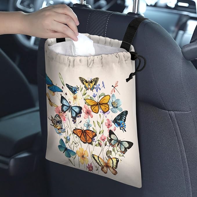 Car Trash Bag Hanging Back of Seat Waterproof Small Cute Printed One-Handed Strap Drawstring Garbage Bags for Car-Butterfly Wildflower