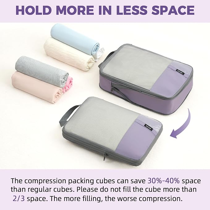 BAGAIL 6 Set Lightweight Compression Packing Cubes with Packing List, Anti-Tearing Expandable Organizer Bags for Travel, Dusty Purple