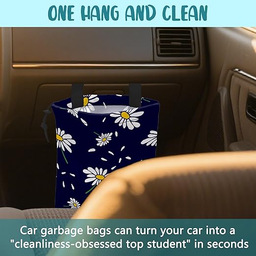 Car Garbage Bag Colorful Floral Spring Daisy Drawstring Car Trash Bag Hanging for Back Seat with Adjustable Buckle Canvas Vehicle Trash Can Easy-to-Install