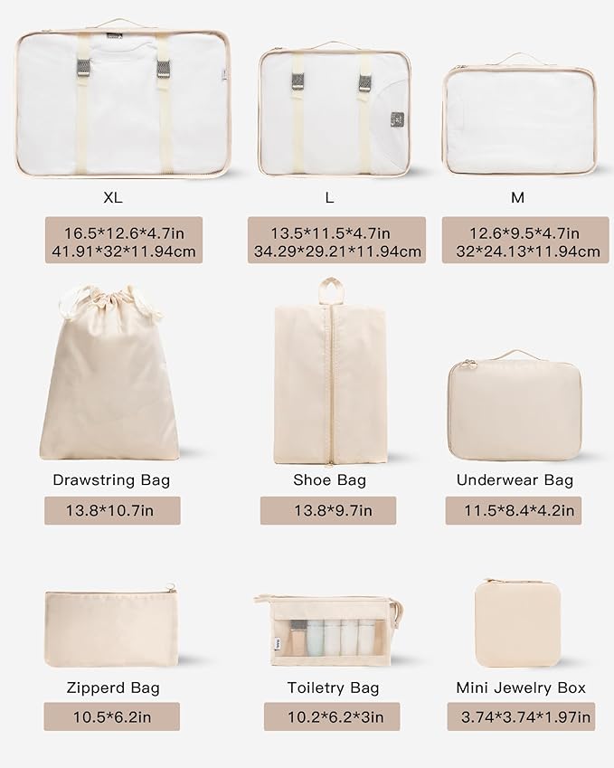 TRAILKICKER 9 Set Packing Cubes for Carry on Suitcase Travel Organizer Bags for Luggage Suitcase Organizer Bags Packing Cube Set for Packing Women Men (Beige)