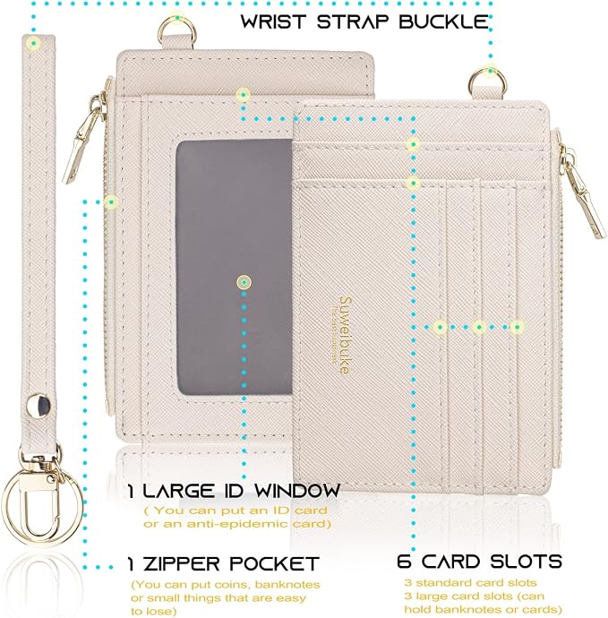 Wikavanli Women Slim Rfid Blocking Credit Card Case Holder Wristlet Zip ID Case Wallet Small Compact Leather Wallet Coin Purse with Keychain (Beige)