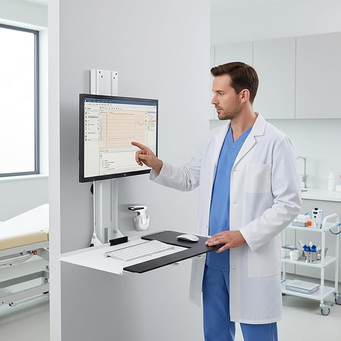 Mount Plus MED01 Medical Monitor and Keyboard Wall Mount For 17" to 32" Display with Height Adjustable Standing Keyboard Tray | Wide Platform with Mouse Pad | Wall Mount Scanner Holder