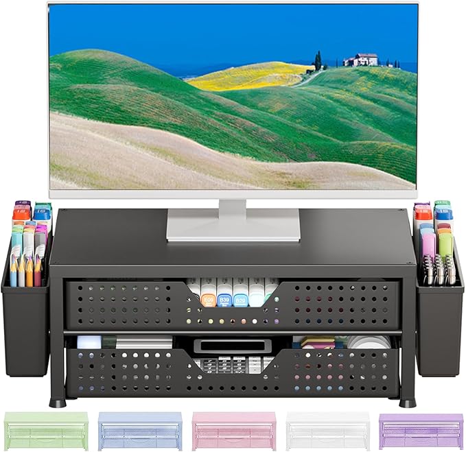 OPNICE Computer Monitor Stand Riser with 2 Drawers & 2 Pen Holders, Desk Organizer for Office Supplies, Laptop Stand for Desk, Workspace Desk Organizers and Accessories for Home Office, Black