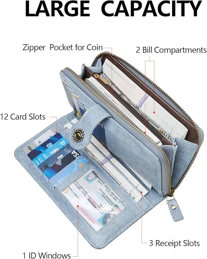 TFKGS Wallet for Women RFID Blocking Leather Large Capacity Card Holder Ladies Phone Clutch Travel Long Purse Wristlet | RFID Blocking, Leather, Large Capacity, Ladies, Travel