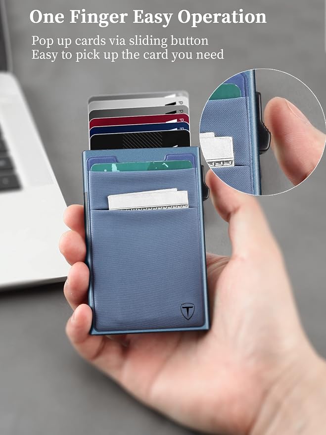 TOYFID Pop Up Credit Card Wallet for Men - Metal Slim Minimalist Cards Holder with Money Pocket - RFID Blocking Ultralight Small Aluminum Wallet