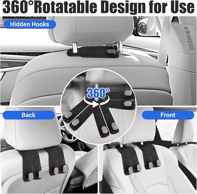 SeatHooker Leather Car Headrest Hangers, Car Headrest Hooks for Purse and Bags, 2-in-1 Leather Car Seat Back Storage Hook, Anti-Slip Purse Holder for Car, Supports Up to 50 lbs (Black-2 Pack)