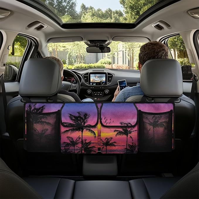Purple Sunset Palm Hanging Trunk Organizer for SUV Back Seat Organizer with Elastic Net Collapsible Cargo Storage Bag Car Interior Accessories