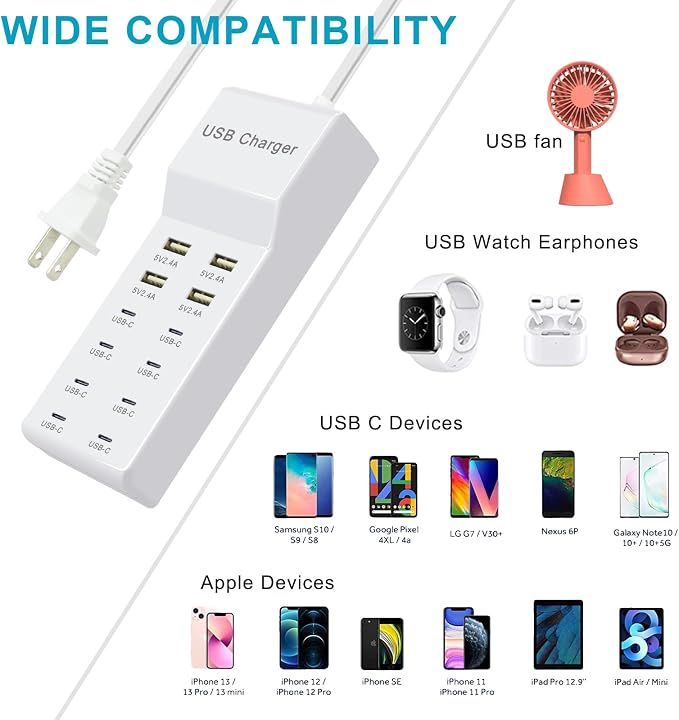 USB Charger Block, 12-Port Charging Station (4 USB-A and 8 USB-C Ports) | USB Hub Compatible with Multiple Devices for iPhone 17/16/15/14/13/12Pro, Tablet PC, Smartphone