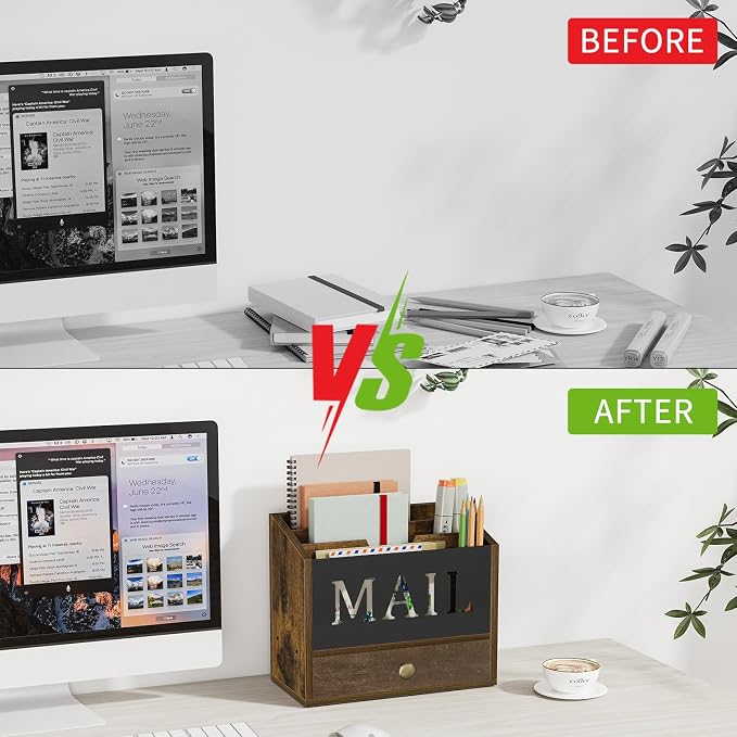 YINMIT Mail Organizer Countertop with 3 Compartments and Drawer, Mail Holder for Desk, Mail Sorter, Mail Organizer Wall Mounted, Countertop Desk Office Accessories Organizer for File Paper Folder