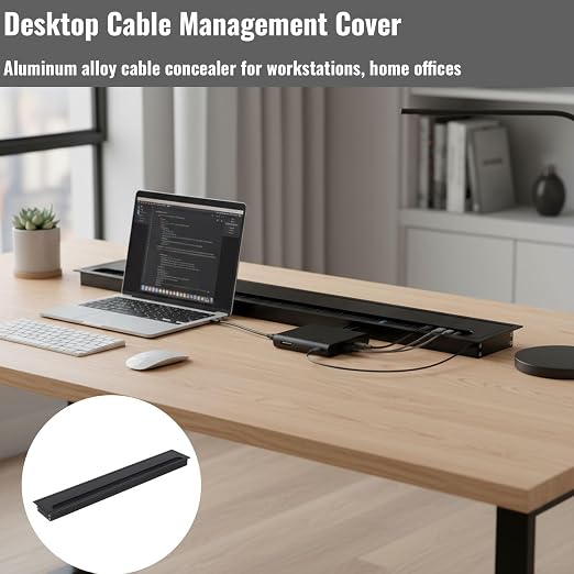 Desktop Cable Management Cover for Desk Organization - Aluminum Alloy Cable Box with Brush Seal (Black, 8.0x50.0x2.8 cm)