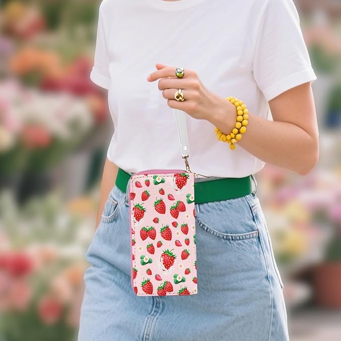 Strawberry Lovers Gift for Womens Wallet - Slim PU Leather Pink Strawberry Wallet for Women with Zipper, Credit Card Holder Wallets, Wristlet Wallets for Female Ladies Girls Birthday