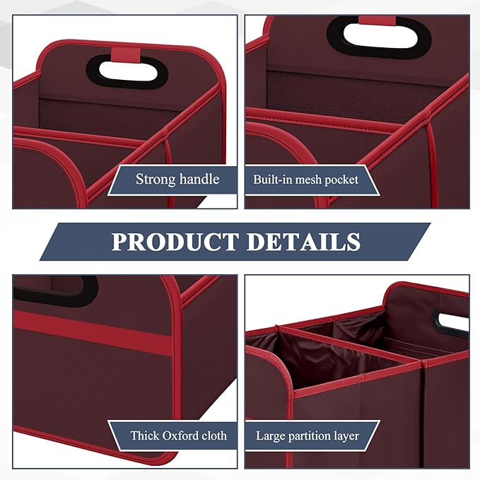 Car Trunk Organizer, Foldable Car Trunk Storage Box with 2 Compartments & Mesh Pocket, Large Capacity, Portable with Handle, Collapsible Backseat Storage Organizer for SUV Truck Sedan (Red)