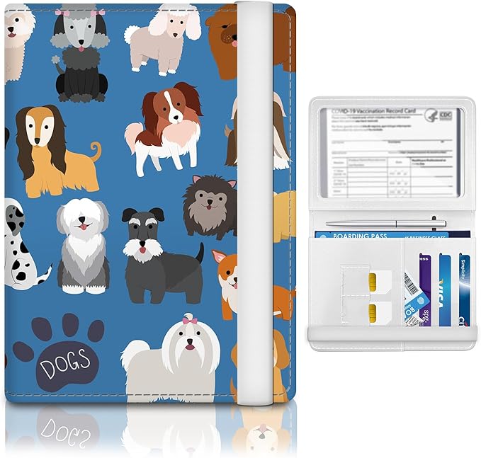 Passport Holder for Travel Essentials, RFID Premium Leather Passport Wallet Cover Case for Travel Must Haves Accessories, Passport Book Holders for Women Men Cute Blue Dogs