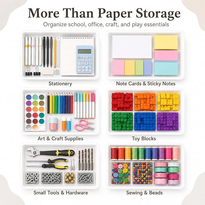 12 Pack Flat Storage Paper Tray with Clear Latching Lid Letter Size Organizer Bin Tray Plastic Latching File Organizer for Classroom Library School Office Teacher Desktop Book Organization (White)