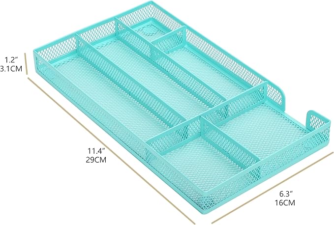 Annova Desk Drawer Organizer Tray for Office Organization - Metal Mesh - Storage Tray with Dividers for Pens, Desktop Accessories, Bathroom, Kitchen, Makeup and Office Supplies (Small, Turquoise)