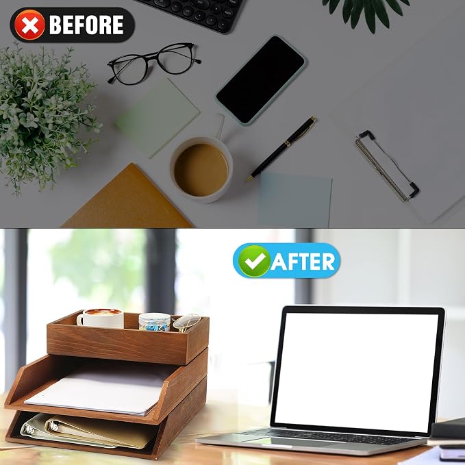 Beeveer 3 Pcs Wooden Letter Tray Stackable Document Desk Letter Tray 3 Layer Desktop Paper Organizer Heavy Duty 3 Tier Support Tabletop Inbox Drawer File Folder Back to School Office Home(Brown)