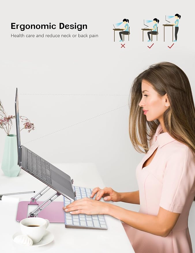 Aoviho Adjustable Laptop Stand for Desk,Portable Laptop Stand Holder and Riser,Foldable Aluminum Notebook Computer Stands for MacBook Air Pro HP Lenovo Dell Samsung, 10-15.6 inch,Blush Rose Silver