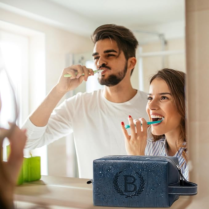 Personalized Gifts Travel Toiletry Bag for Men Engraved Initial PU Leather Waterproof Shaving Bag for Toiletries Accessories Fathers Day Birthday Gift for Men Dad Husband Son, Dark Blue H