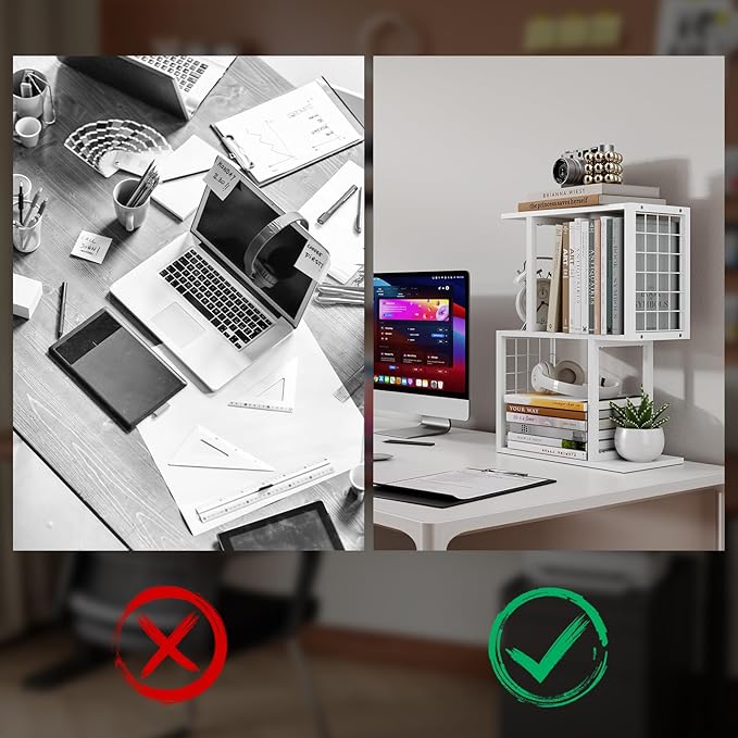 Desktop Bookshelf Organizer, White 3-Tier Desk Shelf with Metal Hook Workspace Organizers for Desk Organization and Office Storage Table Bookcase