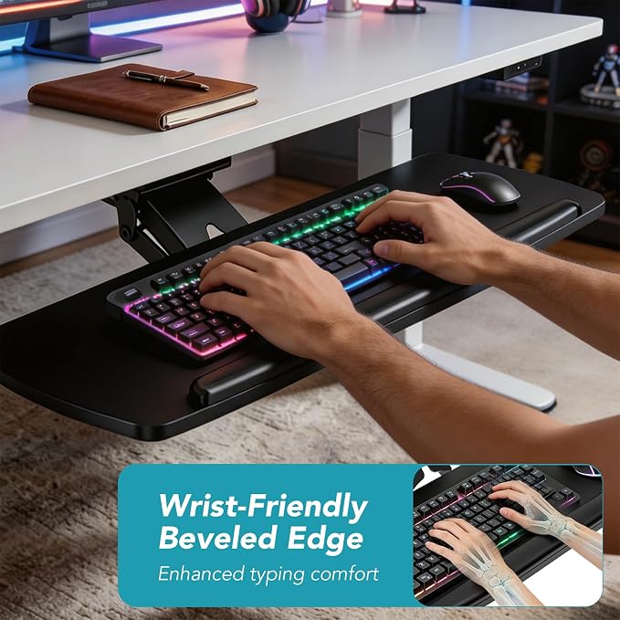 Keyboard Tray Under Desk with Storage Drawer, Height Adjustable Keyboard Tray Slide Out 360° Swivel Tilt, Ergonomic Under Desk Mount Keyboard & Mouse Holder for Gaming Home Office