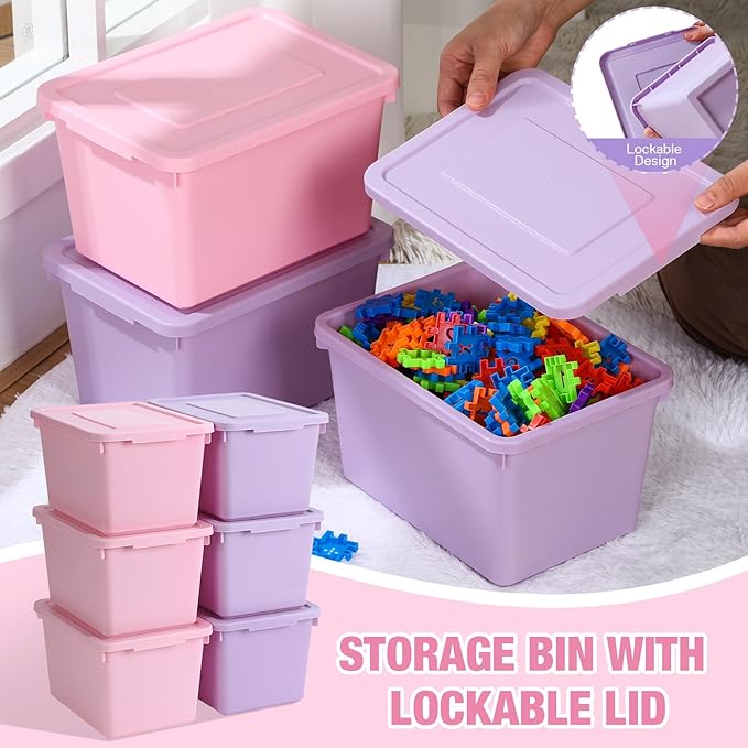Potchen 6 Pack Cute Plastic Storage Bins with Lids Decorative Stackable Storage Boxes 9.8" ×7.3" ×5.7" Small Storing Totes for Organizing Craft Office Supplies (Pink,Purple)