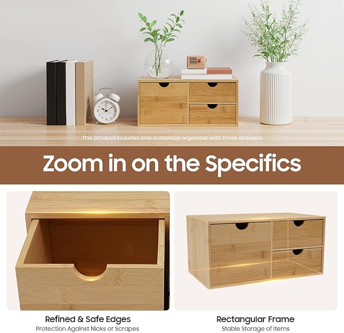 Bamboo Desk Organizer 3 Drawers Tabletop Storage Organization Box, No Assembly Needed for Home Office Storage, 12.99 * 7.48 * 6.3in (1 left & 2 right)