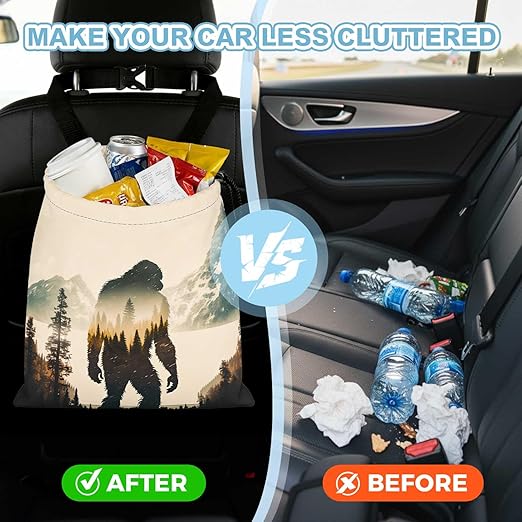 Bigfoot Mountains Forest Car Trash Bag - Waterproof Car Trash Bag Hanging Leakproof Car Garbage Bag - Washable Reusable Trash Bag For Car Interior Hanging Organizer Storage Vehicle Travelling Camping
