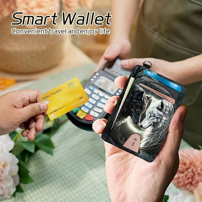 Small Travel Wallets, White Black Wolf Slim Minimalist Front Pocket Wallet with Wristlet, RFID Blocking PU Leather Credit Card Holder with ID Window Change Purse for Men Women