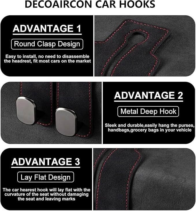 Premium Leather Car Headrest Hook for Purses and Bags - Seat Back Storage Holder (Black, 1 Pack)