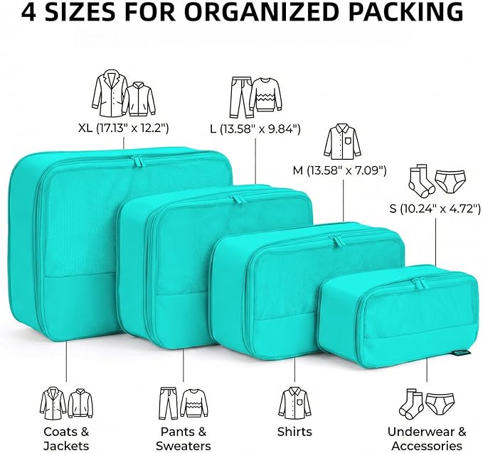 4 Piece Compression Packing Cubes for 3–7 Day Travel, Space Saving Travel Organizers with Breathable Mesh, Double-Zipper Packing Cubes for Carry-On & Suitcases (Teal)