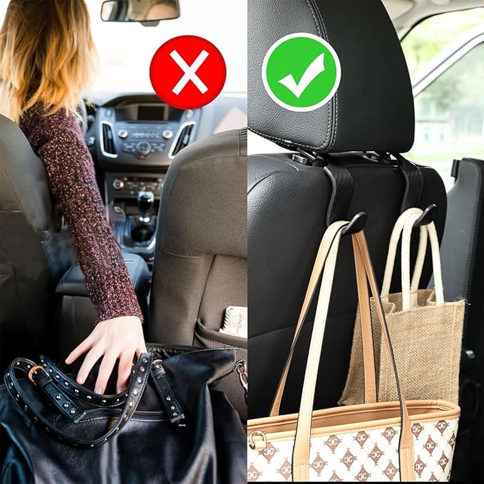 Osilly Car Seat Headrest Hook, 4 Pack Auto Seat Hanger Storage Organizer for Purse Handbag Coats Grocery Bags, Car Interior Accessories, Universal Vehicle Backseat Plastic Hanging Hook (Black2)