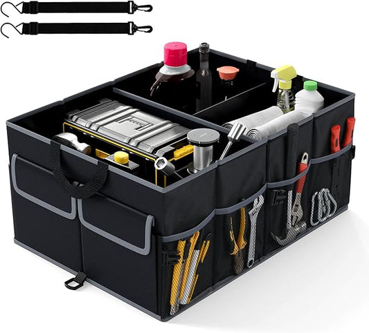 Car Trunk Organizer, 13 Gallon Collapsible Cargo Storage Box with Removable Divider & 6 Pockets, 3-Compatment Trunk Container with Securing Straps & Non-Slip Bottom for SUV, Sedan