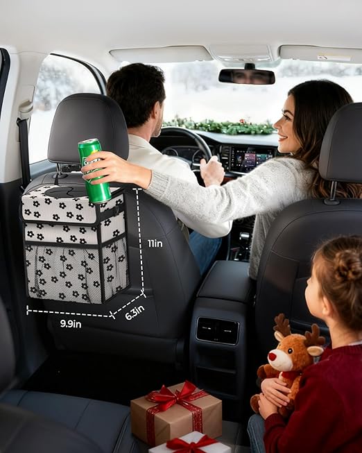 Corduroy Car Trash Can with Lid and Mesh Pockets - Leakproof Organizer,Multipurpose Waterproof Garbage Can/Trash Bin for Car(Black Floral-3 Gallons)