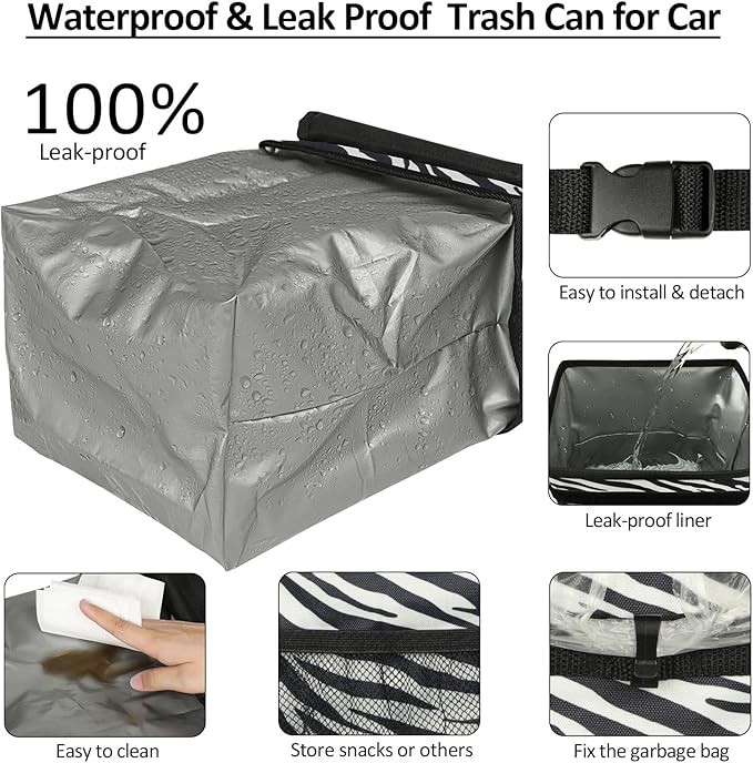 ELONGRIVER Car Trash Can Bin for Back Seat Leak Proof, Cute Car Trash Bag Hanging, Vehicle Trash Can for SUV Truck Van, Automotive Garbage Cans Front Seat Zebra