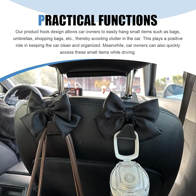 2 PCS Car Seat Headrest Hooks, Cute Bow Hooks Decor, High-Load Hanger for Purses Umbrellas, Car Interior Decoration Accessories for Women, Girls (Black)
